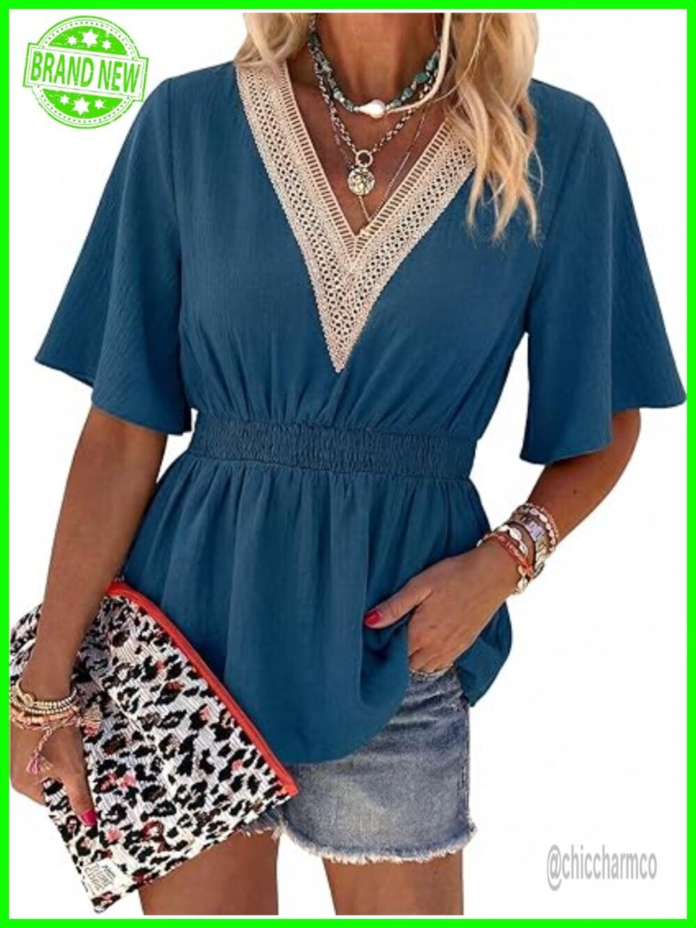 Lace Peplum Top, V Neck Short Sleeve Blouse, Dressy Casual